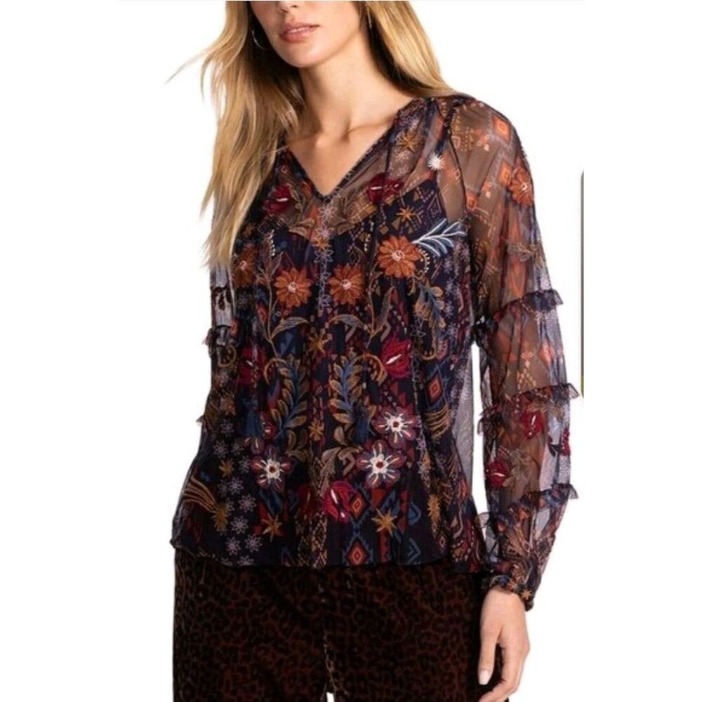 Johnny Was Bohemian Sapphire Mesh Slip Blouse  Size Medium